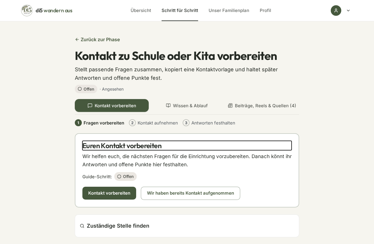 Guide-Schritt „Kontakt zu Schule oder Kita vorbereiten“ mit Startansicht und Status
